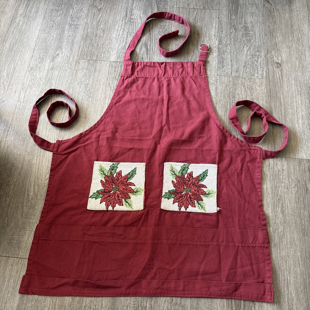 Vintage Handmade Christmas Apron Poinsettia Floral Pockets Wine Red Unisex M